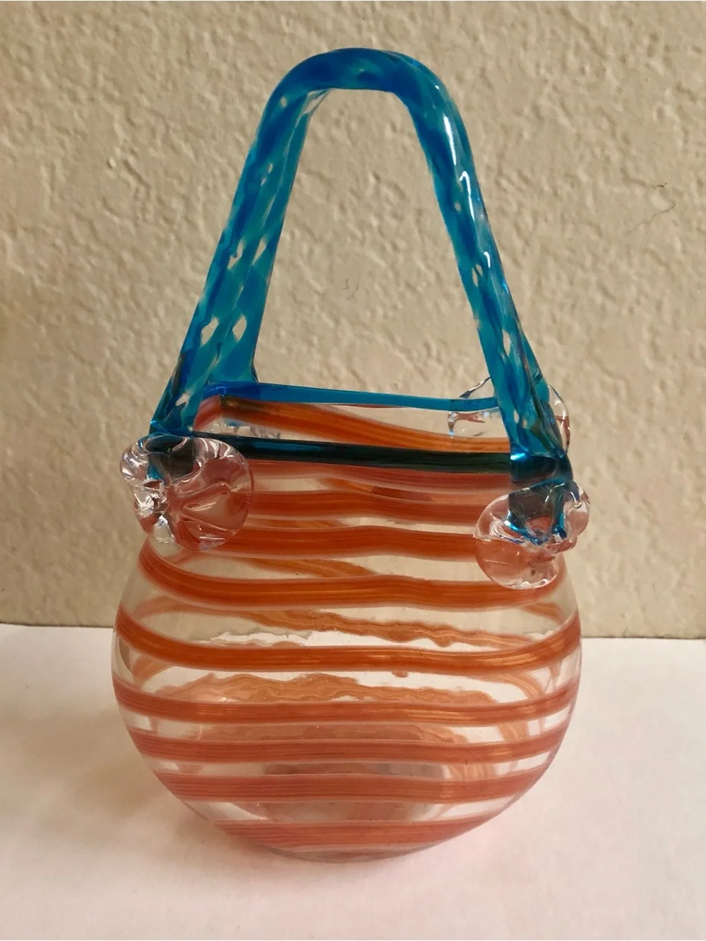 Handblown Glass Purse Vase with Orange Swirl and Blue Handle